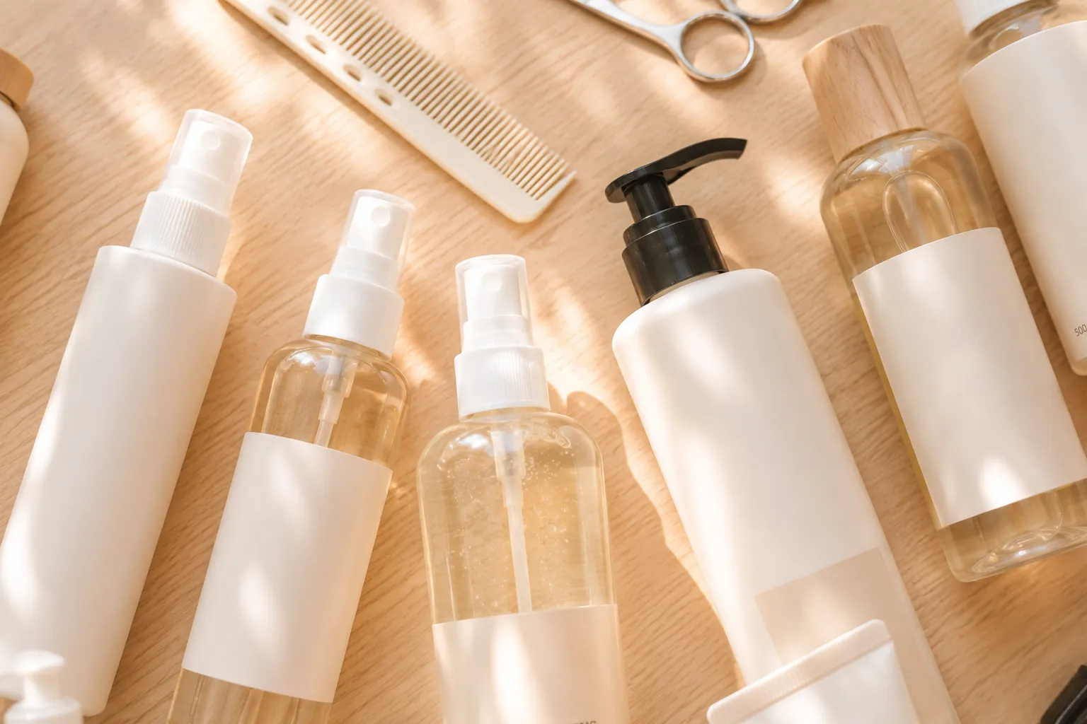 自然光のなかに並ぶ fiica のヘアケア用品とカット道具